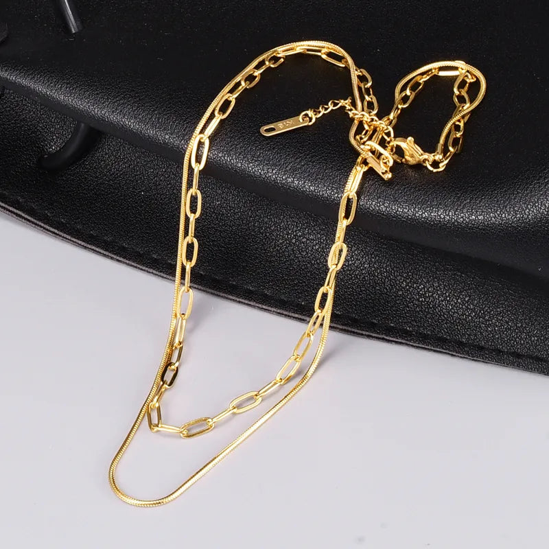 18K Gold Plated Double Layer Necklace, Paperclip Necklace