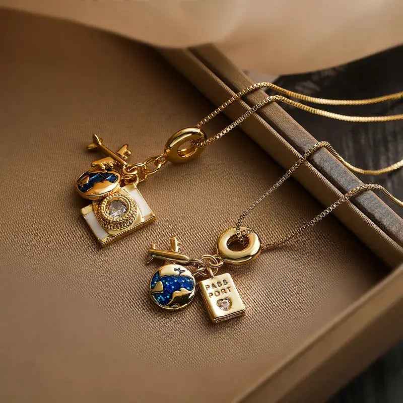 18K Gold Plated Pendant Necklace Travel Camera Charm